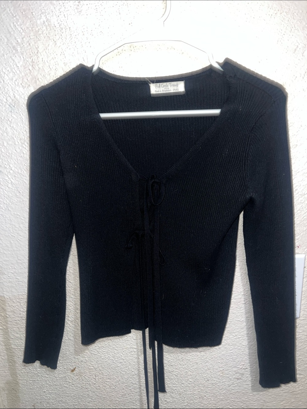 Black Ribbed Tie-Front Cardigan Sweater